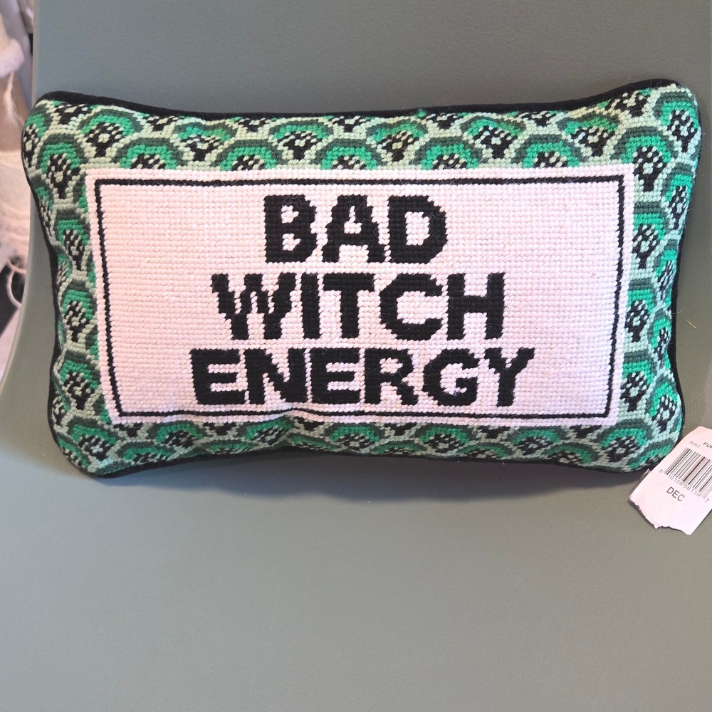 Furbish Bad Witch Energy Needlepoint Pillow Green Halloween 14.5" NWT